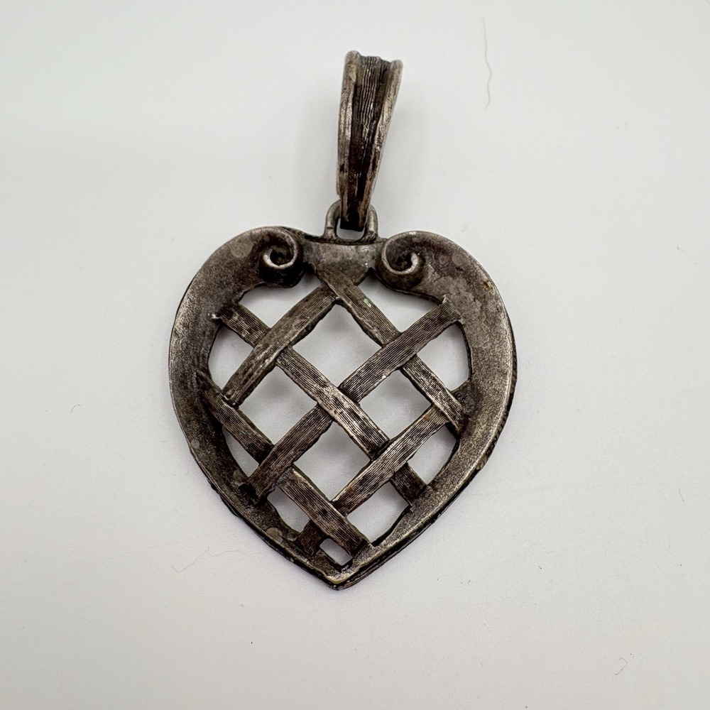 Vintage Silver Tone Openwork Lattice Heart Pendant Boho Artisan Design